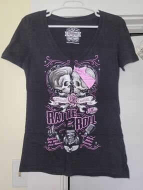 Lethal AngelRattle and Roll Graphic V-Neck Tee - Black with Pink Accents